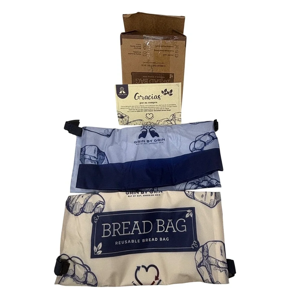 Grin by Grin Reusable Bread Bag 2 Pack Recycled Fabric Food Storage Blue Cream